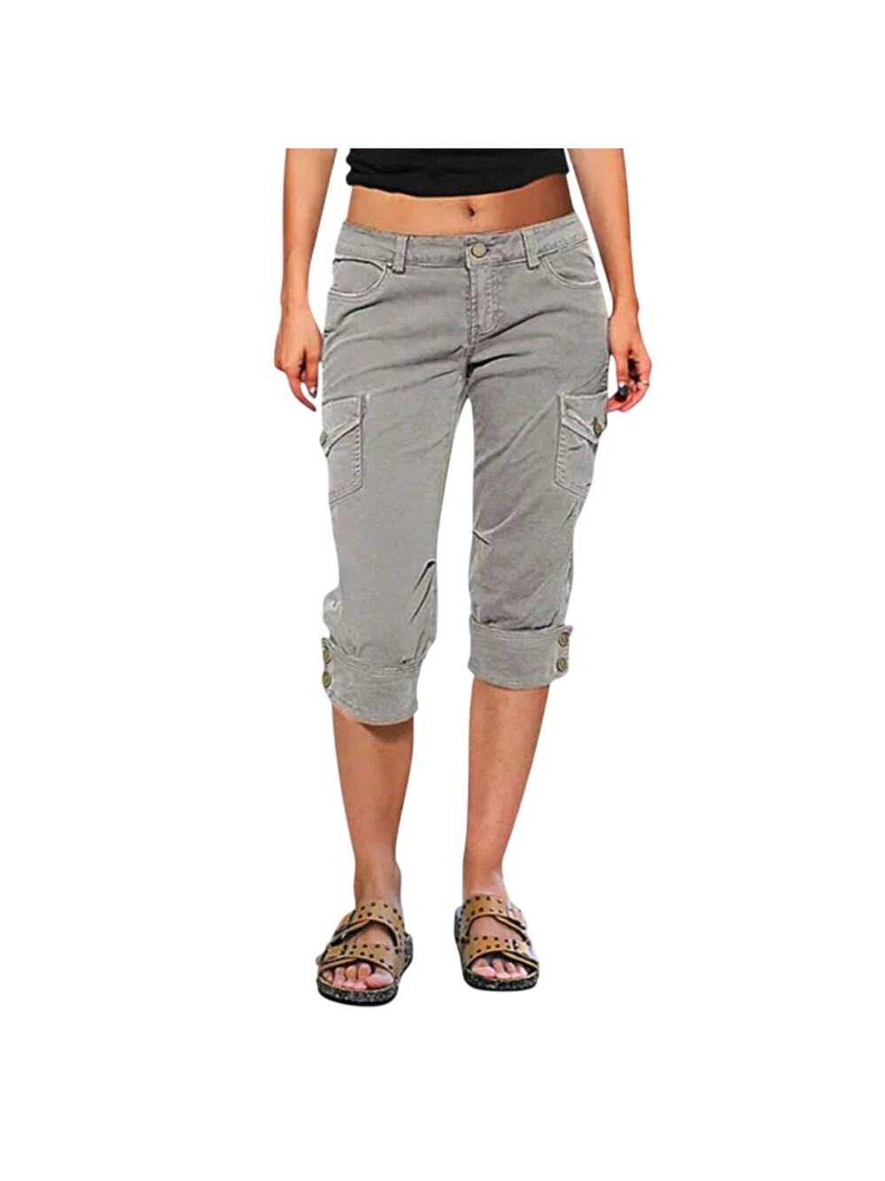Gray Multi Pocket Capri Cargo Pants Low Rise Utility Stretch XL - Safari Chic